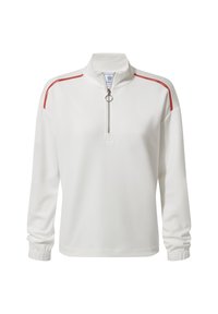 White long-sleeve pullover with quarter zip, ring pull, red stitched detail on shoulders, elastic cuffs, and a stand-up collar.