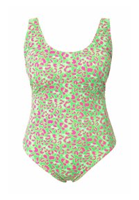 Bañador de una sola pieza en verde neón con un estampado de leopardo en rosa y verde. Presenta un escote redondeado y tirantes anchos.