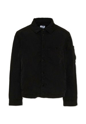 Giacca nera a maniche lunghe con bottoni, colletto e taschino sul petto, progettata per un abbigliamento casual.