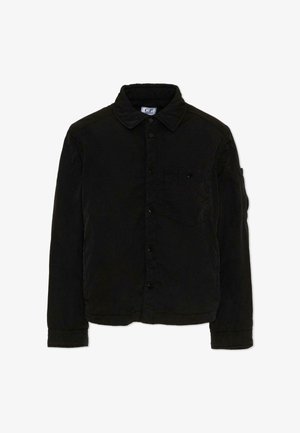 Giacca nera a maniche lunghe con bottoni, colletto e taschino sul petto, progettata per un abbigliamento casual.