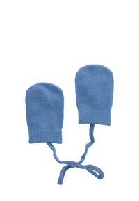 Blaue gestrickte Fäustlinge mit geripptem Muster, abgerundeten Oberseiten und angenähten Bändern zum Sichern. Einfaches Design ohne zusätzliche Muster oder Akzente.