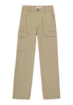 Beige cargo broek met een rechte pijpdesign, twee voorzakken en twee grote zijzakken, gemaakt van duurzaam stof.