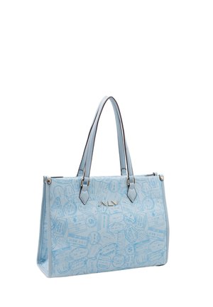 Light blue handbag made of textured synthetic material, featuring a pattern of travel stamps, dual top handles, and gold-tone hardware accents.