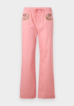 Pink loose-fit pants with elastic waistband and drawstring, featuring embroidered turtles and coral designs on front pockets.