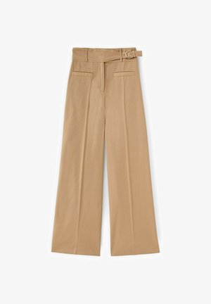 Pantaloni beige a gamba larga con vita alta, cintura laterale con fibbia, pieghe frontali e due tasche orizzontali cucite in vita.