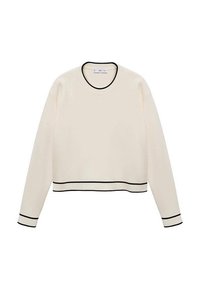 Maglione a maniche lunghe di colore crema con profili neri sul collo a giro, sui polsi e sull'orlo, disteso su uno sfondo bianco.