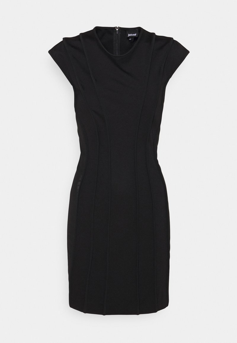 Černé šaty s přiléhavým střihem, krátkými cap rukávy a švovými detaily. Zapínání na zadním zipu, vyrobené z hladkého materiálu.