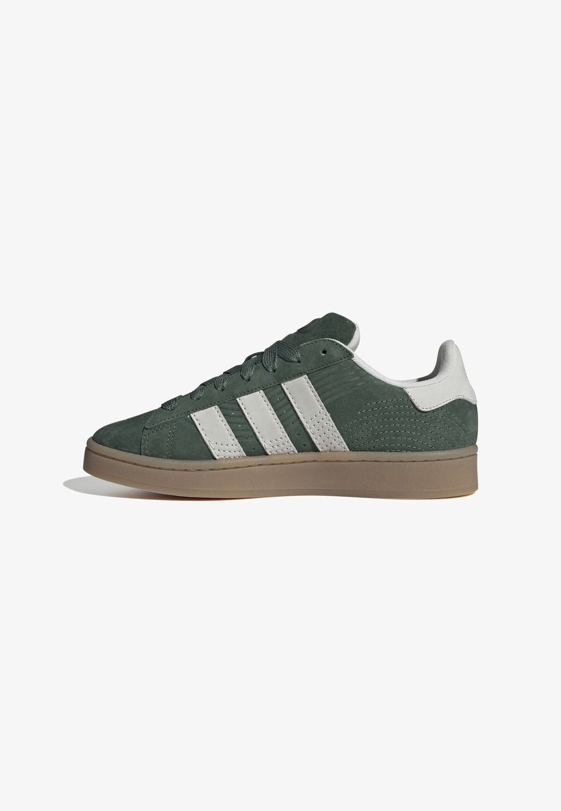 Green suede sneaker with white stripes and accents, textured side panels, flat laces, and a beige rubber sole.