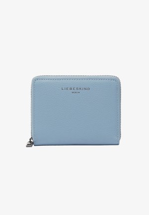 Portafoglio con cerniera a tutto giro in pelle azzurro chiaro testurizzata, con cerniera argento e logo "Liebeskind Berlin" impresso al centro frontale.