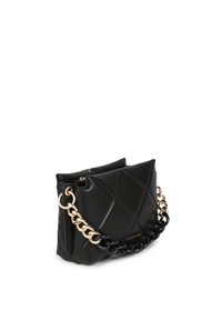 Black quilted leather handbag features a gold and black chain strap and a soft, structured shape, with distinctive diamond patterns on the surface.