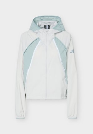 Φωτεινό γκρι και ανοιχτό μπλε μπουφάν με κουκούλα και φερμουάρ, με ελαστικά μανίκια και λογότυπο στο αριστερό μανίκι, σχεδιασμένο για εξωτερική χρήση.