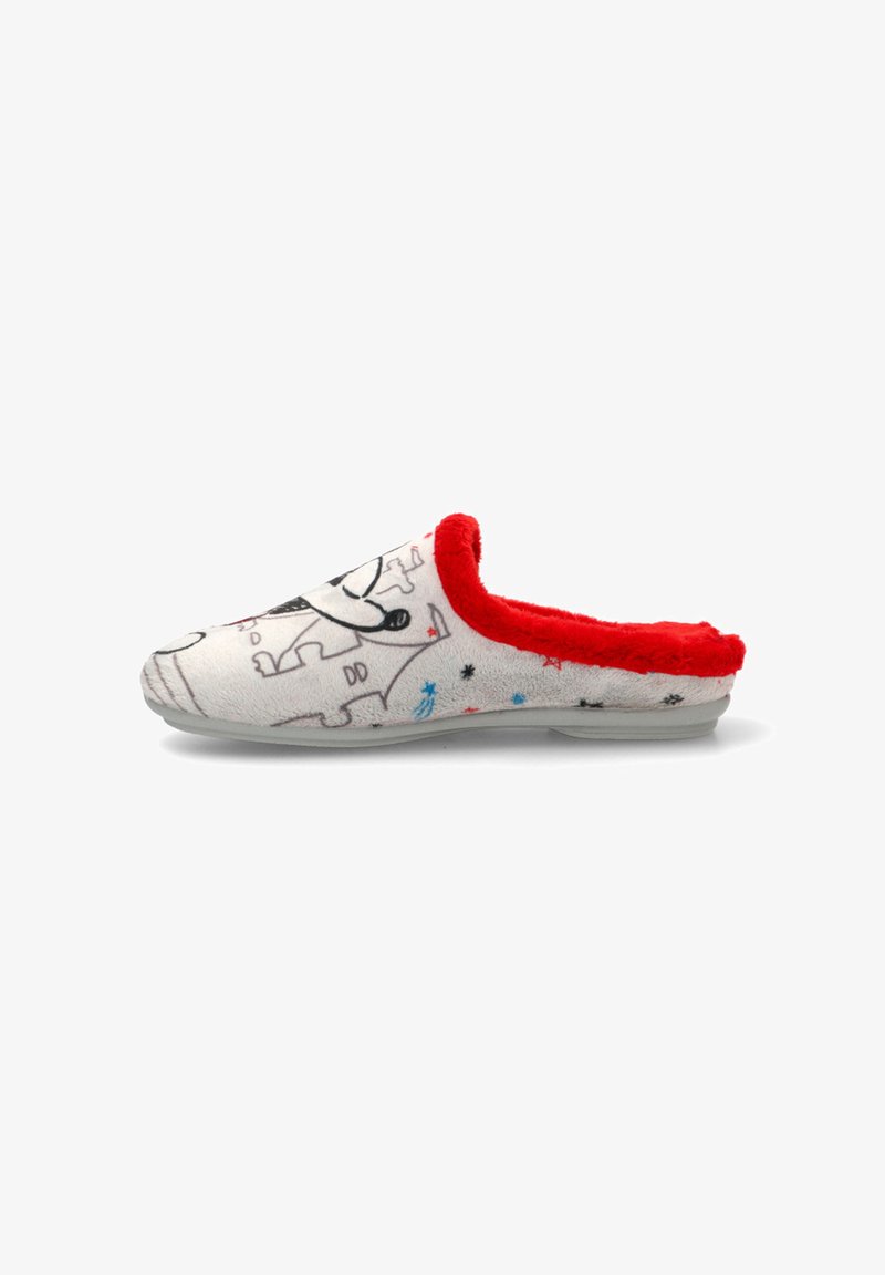 Zapatilla blanca de tipo slip-on con forro de lana roja y un patrón de dibujos animados en negro y azul con estrellas, mostrada en vista lateral sobre fondo blanco.