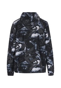Veste à capuche avec un motif abstrait noir et gris, dotée de manches longues, de poignets élastiques et d'une coupe légèrement ample.
