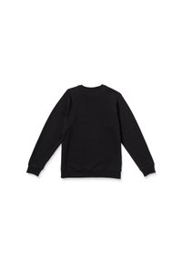 Zwarte sweatshirt met lange mouwen, ribbelmanchetten en hals. Gladde textuur, eenvoudig ontwerp en geen zichtbare merknaam of versieringen.