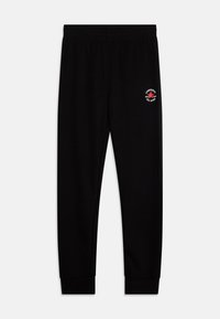 Čierne joggingové nohavice z bavlnenej zmesi, s elastickým pásom, rebrovanými manžetami a bielou a červenou logom na ľavom stehne.