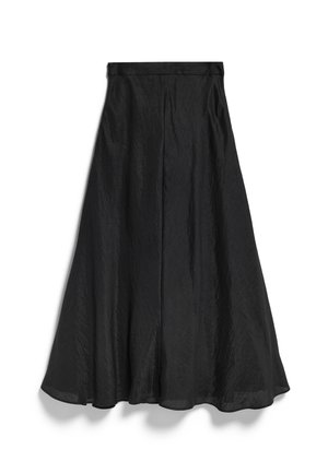 Jupe midi noire en ligne A avec une légère texture, taille ajustée et ourlet évasé, présentée à plat sur fond blanc.