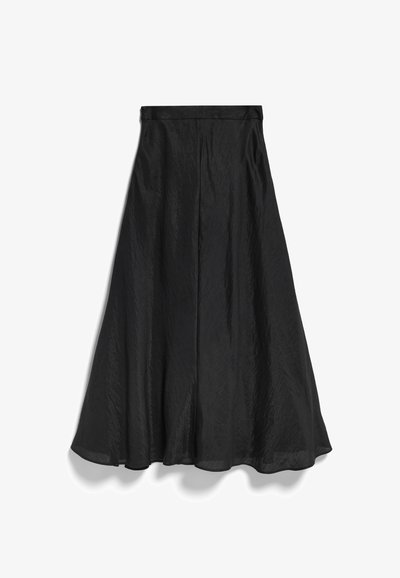 Jupe midi noire en ligne A avec une légère texture, taille ajustée et ourlet évasé, présentée à plat sur fond blanc.