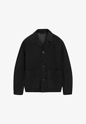 Black suede jacket featuring a collared neckline, three buttons, and two large front pockets with a smooth texture.
