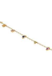 Bracciale in oro con varie pietre preziose, tra cui arancioni, rosa, blu e verdi, incastonate in piccole impostazioni decorative lungo una catena collegata.