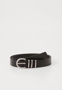Black leather belt featuring a silver metal buckle with three vertical prongs, smooth texture, and a classic, sleek design.