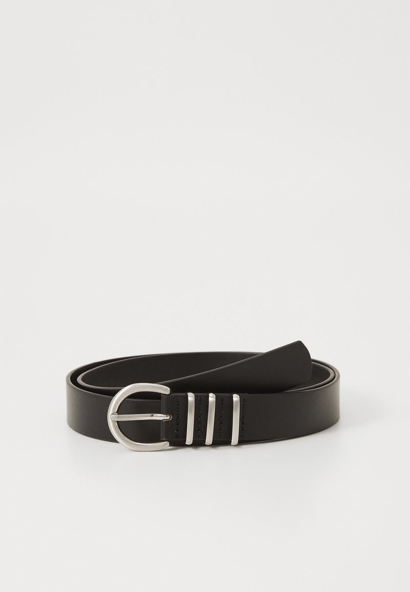 Black leather belt featuring a silver metal buckle with three vertical prongs, smooth texture, and a classic, sleek design.