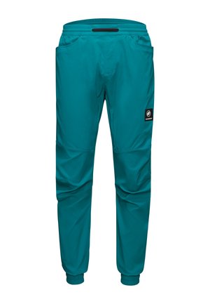 Türkise Sporthose mit elastischem Bund, Seitentaschen und einem Logo-Patch am linken Bein. Glatte Textur und schmal zulaufende Bündchen an den Knöcheln.