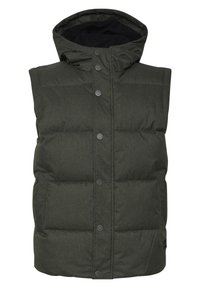 Green padded vest with a hood, featuring a snap button front closure and side pockets. Textured fabric with a matte finish.