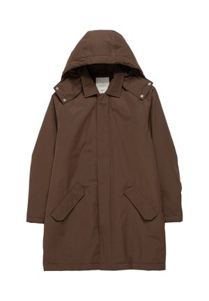 Brown, hooded coat with snap fasteners, two front pockets, and a straight cut. Made of lightweight, water-resistant material.