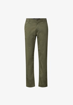 Pantalones de algodón verde oliva con un diseño de pierna recta, cinturilla estándar y bolsillos frontales. Textura suave con detalles de costura mínimos.