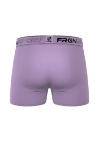 Boxers lilas avec une large ceinture noire portant le nom de la marque "freegun" en lettres blanches et grises, texture de tissu lisse.