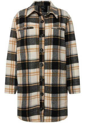 Flanellen overhemdjacket in beige, zwart en grijs geruit patroon. Voorzien van een kraag, knoopsluiting en borstzakken met zwarte knopen.