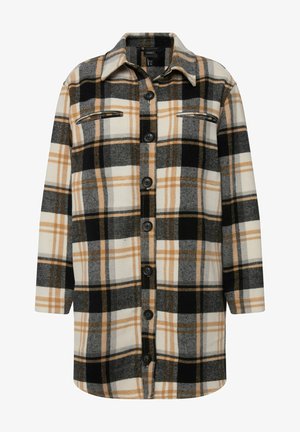 Flannel shirt jacket in beige, black, and gray plaid patterns. Features a collar, button front, and chest pockets with black buttons.
