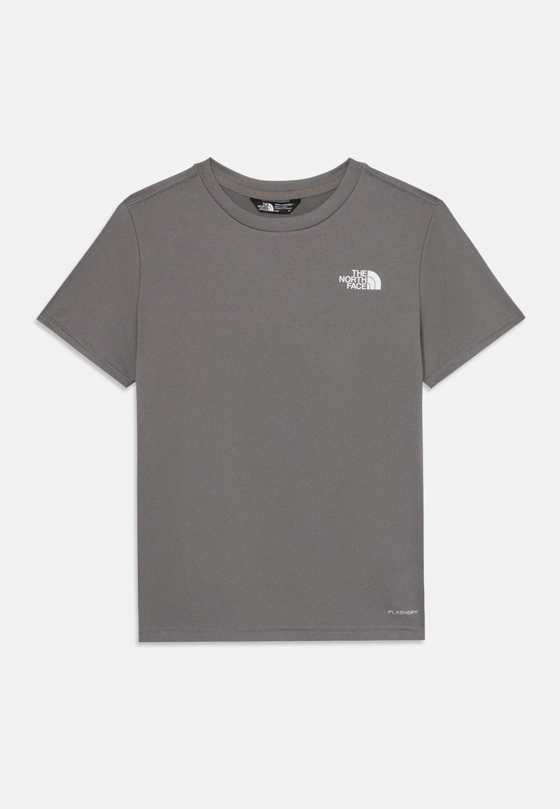 Γκρι κοντομάνικο T-shirt. Φτιαγμένο από λείο ύφασμα με στρογγυλή λαιμόκοψη. Διαθέτει λευκό λογότυπο στο επάνω αριστερό κομμάτι και μια μικρή ετικέτα στο στρίφωμα.