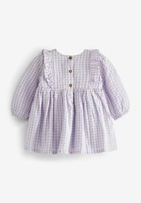 Vestido para niña en lilas y blanco de cuadros vichy, con largas mangas abullonadas, detalle de volantes en el frente y tres botones de madera en el centro de la espalda.