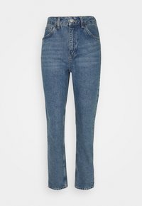 Höga blå denimjeans med fem fickor, knappstängning och raka ben, med lätt urtvättning för textur.