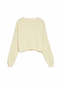 Crème-kleurige ribgebreide trui met lange ballonmouwen en een cropped zoom op een witte achtergrond.