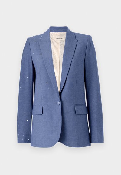Blue blazer with a tailored design, two front pockets, single button closure, and a light-colored lining featuring subtle embellishments.