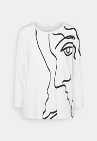 Weißes Langarm-T-Shirt mit einem schwarzen Linienstich einer Gesichtszeichnung, entspannter Schnitt und Rundhalsausschnitt. Glattes Baumwollgewebe.