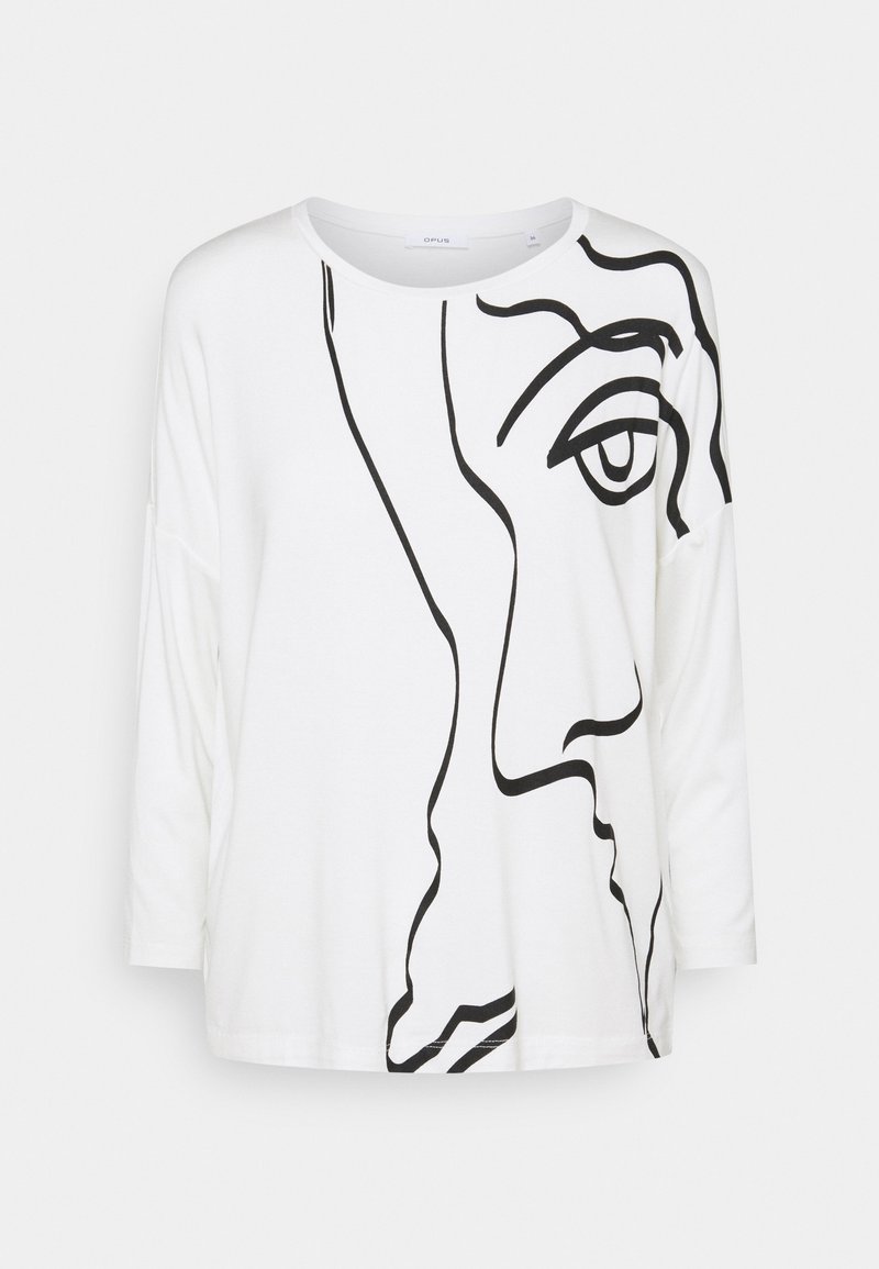 Weißes Langarm-T-Shirt mit einem schwarzen Linienstich einer Gesichtszeichnung, entspannter Schnitt und Rundhalsausschnitt. Glattes Baumwollgewebe.