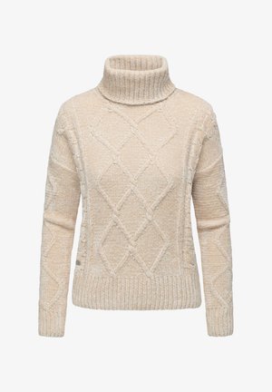 Crème kleurige coltrui met een textuur, kabelbrei ontwerp met diamantpatronen en geribde mouwen en onderkant.