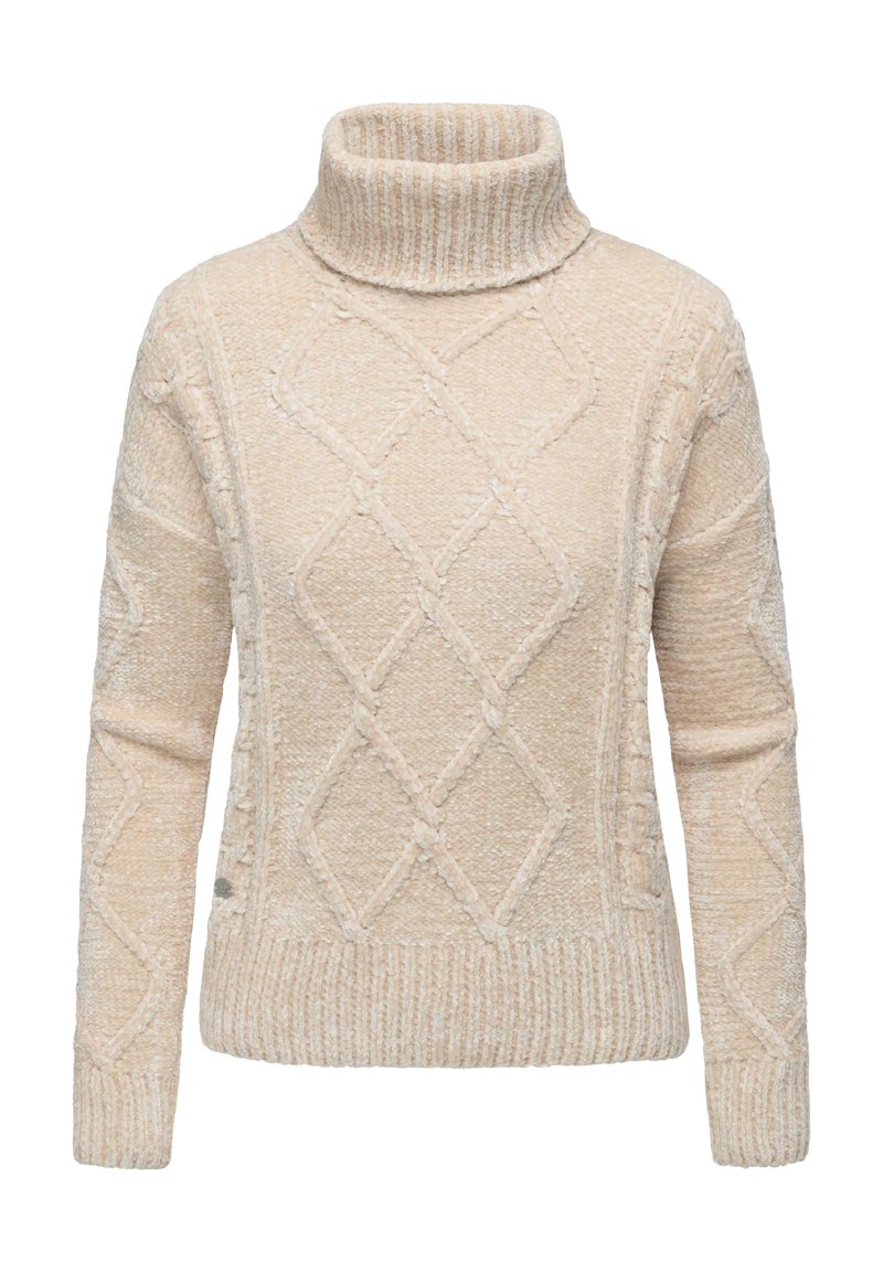 Maglione a collo alto color crema con un design testurizzato a treccia, caratterizzato da motivi a diamante e polsini e orlo a coste.