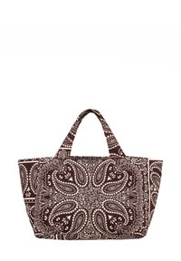Brązowa i biała torba typu tote w wzór paisley z krótkimi uchwytami i szerokim prostokątnym kształtem.
