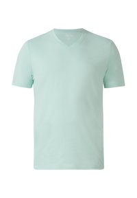 Mintgroene, kortge mouwde V-hals T-shirt gemaakt van een zachte katoenmix; subtiel merkembleem op de borst.