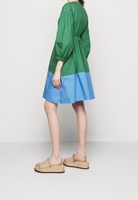 Robe bloquée en vert et bleu avec des manches bouffantes, une taille cintrée et un ourlet évasé. Portée avec des sandales à plateforme beiges avec des accents texturés.