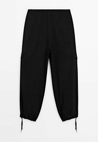 Musta työmaa-housut, joissa on joustava vyötärönauha, sivutaskut ja kiristysnauhalliset lahkeet säädettävää istuvuutta varten. Sileä pinta, rento istuvuus.