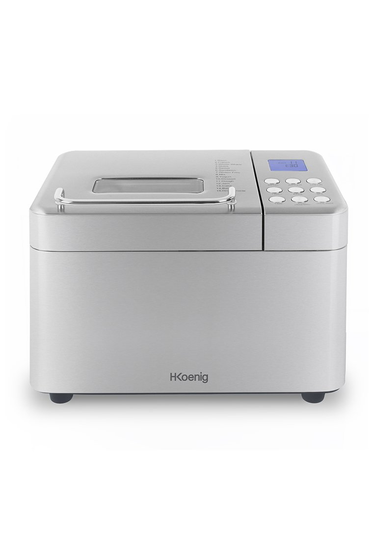 Zilveren broodmaker met een rechthoekige vorm, transparant venster, zijhandvat, digitaal display en knoppen aan de bovenkant.