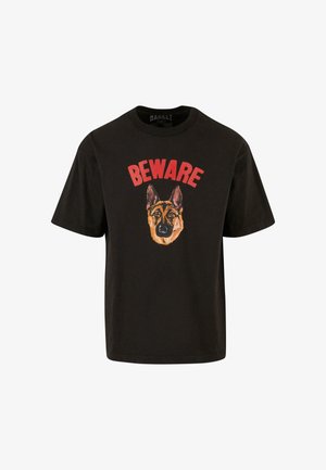 Black cotton t-shirt with short sleeves featuring a red "BEWARE" text and a colorful German Shepherd dog illustration.