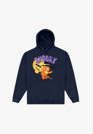 Granatowy hoodie z przednią kieszenią, na którym znajduje się rysunkowy niedźwiedź w czapce czarownicy, latający na miotle, z napisem "STRASZNY" i grafiką żółtego księżyca.