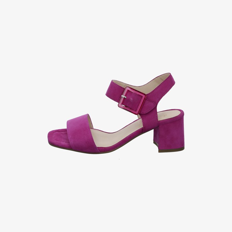 Purple suede open-toe sandal with block heel and adjustable ankle strap featuring a large square buckle.