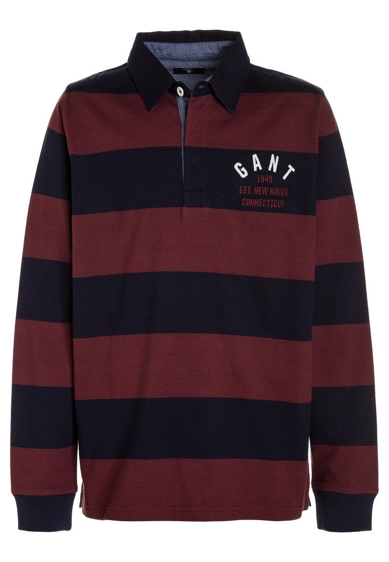 Langärmliges Rugby-Shirt mit breiten horizontalen Streifen in Marineblau und Kastanienbraun, schwarzem Kragen und weißem Text "GANT 1949 EST. NEW HAVEN CONNECTICUT" auf der Brust.